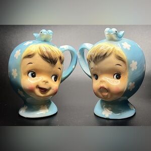 Vintage Napco Blue Miss Cutie Pie Salt & Pepper Shakers #A 3510/BL Japan 1950s